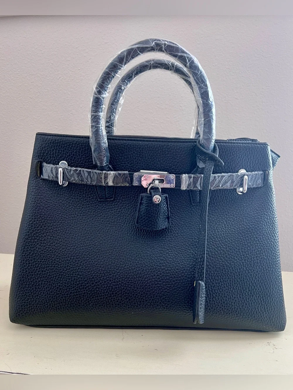 New Black Pebbled Leather Structured Satchel Handbag | Silver Lock Accent Tote